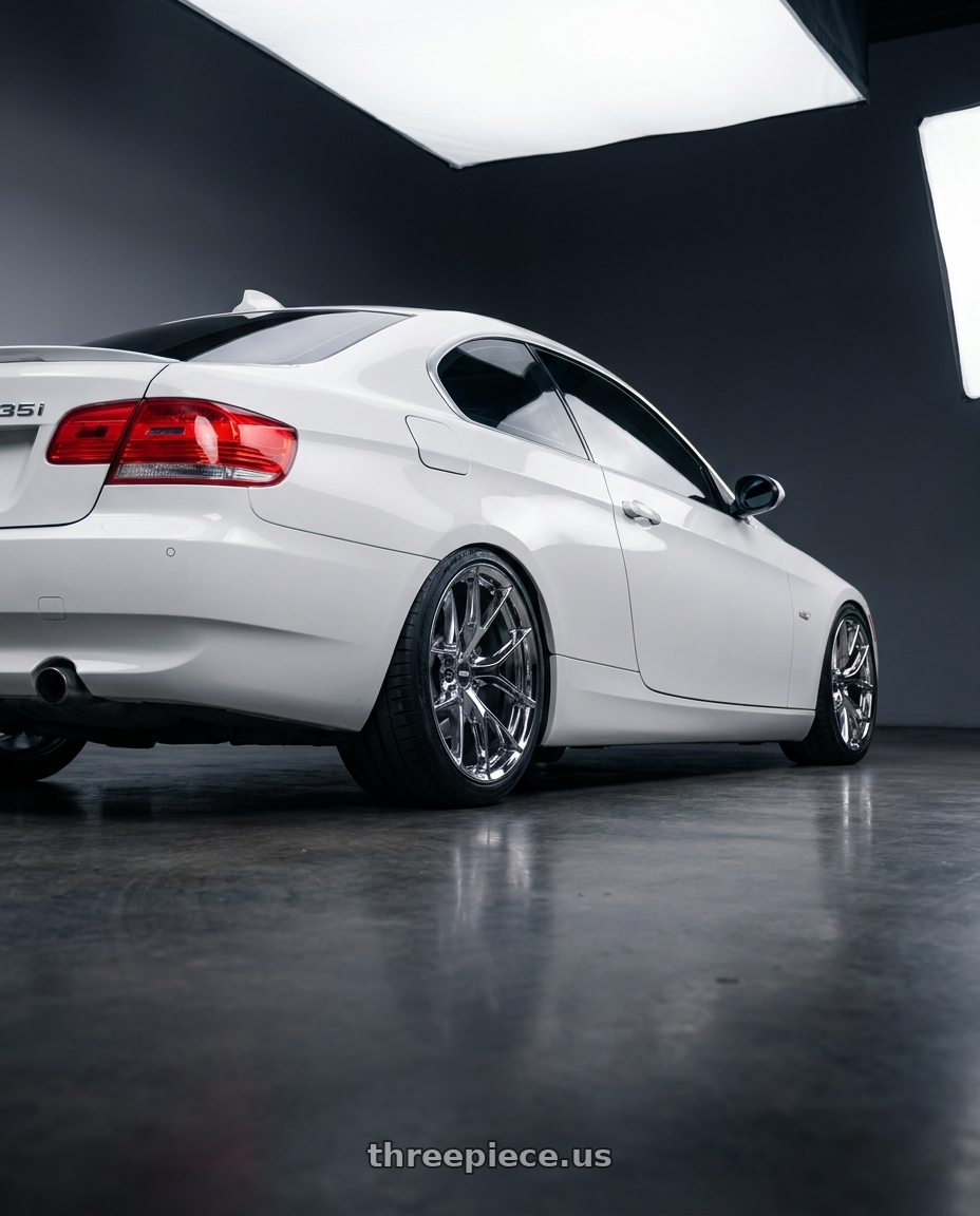 2007 bmw 335i white with ESR Wheels RF2 5x120 19x8.5 +30 Chrome wheels rear three quarter view slight stretch tires