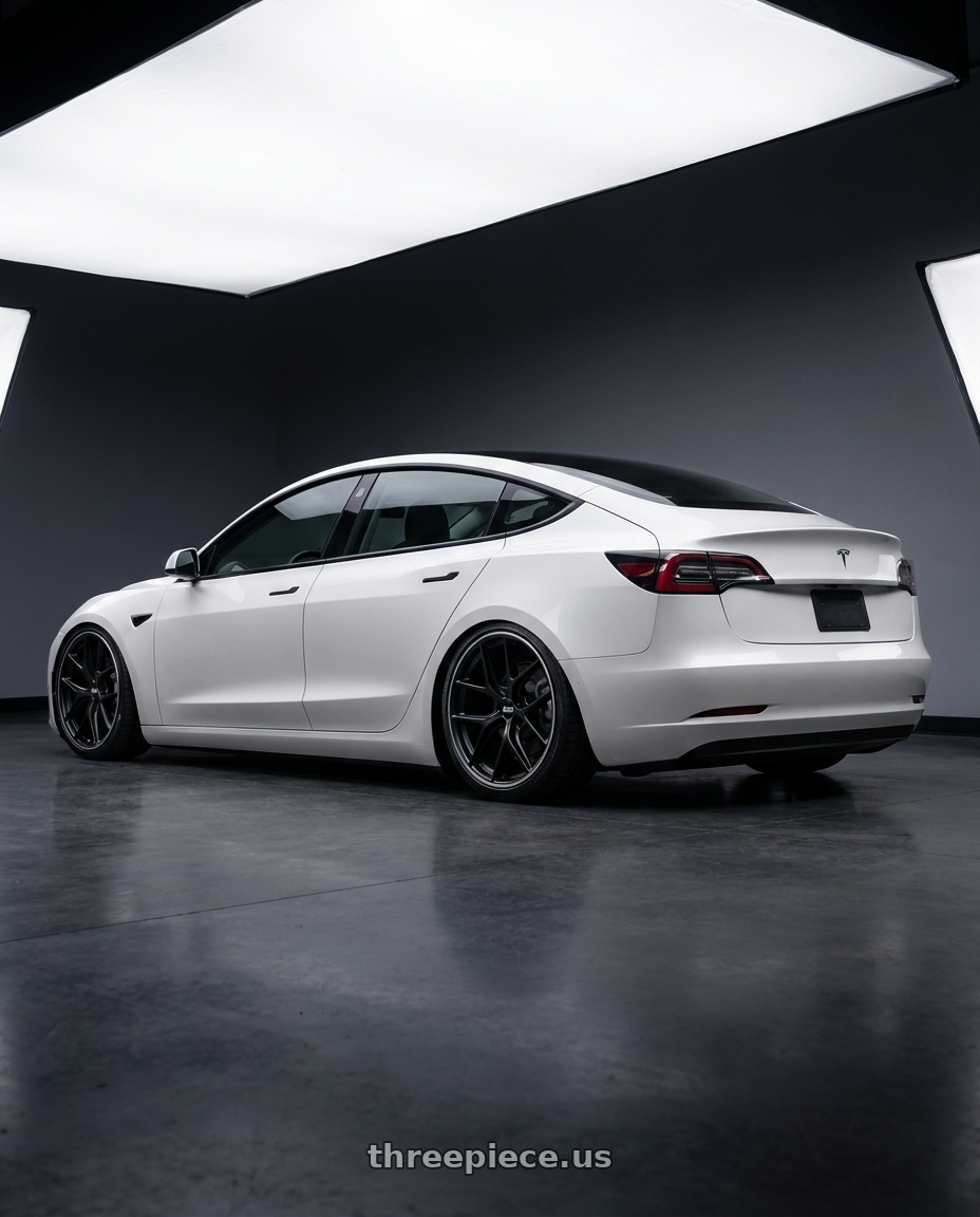 2023 Tesla Model 3 with BBS CC-R 5x114.3 19x8.5+30 Satin Black wheels rear three quarter view slight stretch tires