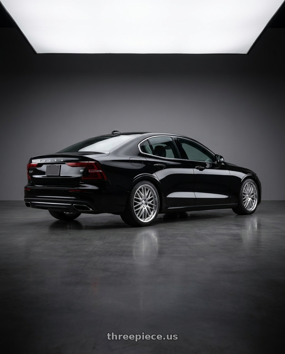 2022 Volvo s60 with V�xx Masi 5x108 18x8+45 Silver Mirror Mach Lip wheels rear three quarter view square tires