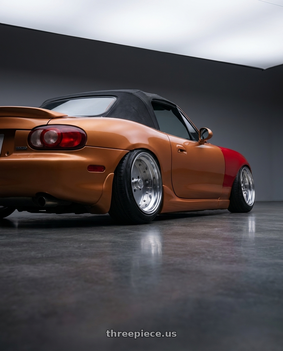 2000 Mazda miata with Speed Star Mk-I 4x100 15X8.5+-8  Polished wheels rear three quarter view slight stretch tires