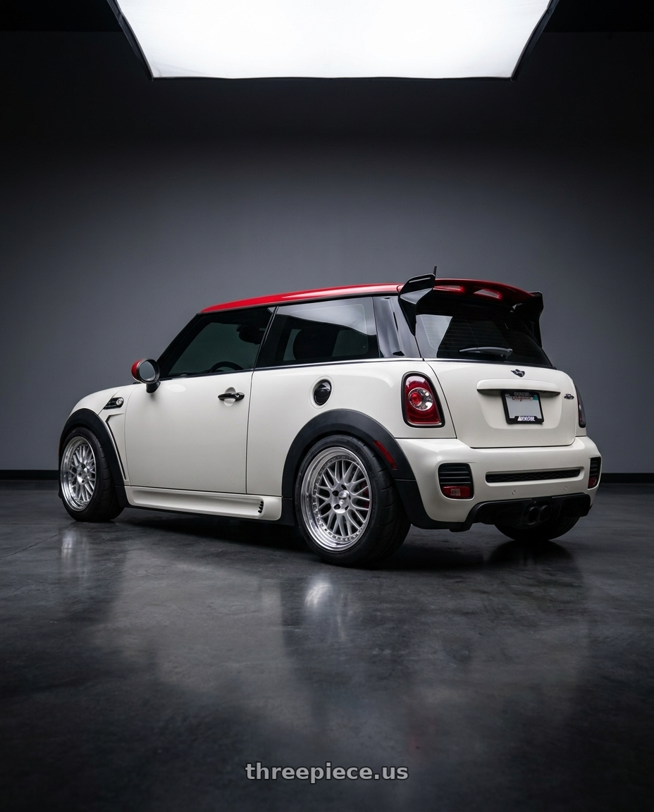 2013 mini cooper JCW hardtop with Work Meister M1 3p 4x100 18x8+38 O Disk Silver wheels rear three quarter view meaty tires