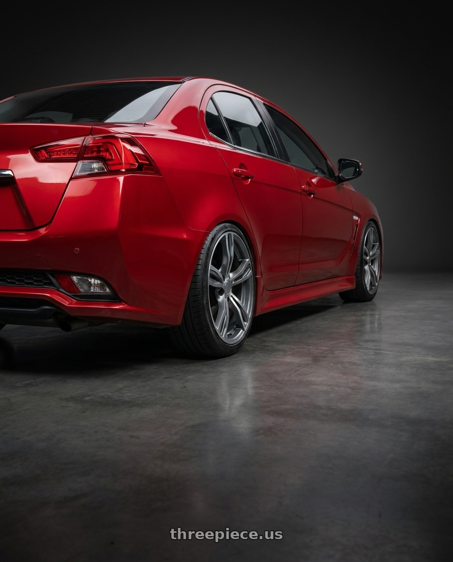 2018 Grand Lancer 紅 with REPLICA WHEELS R5056 5x120 18x8+35 GREY / MACHINE wheels rear three quarter view slight stretch tires