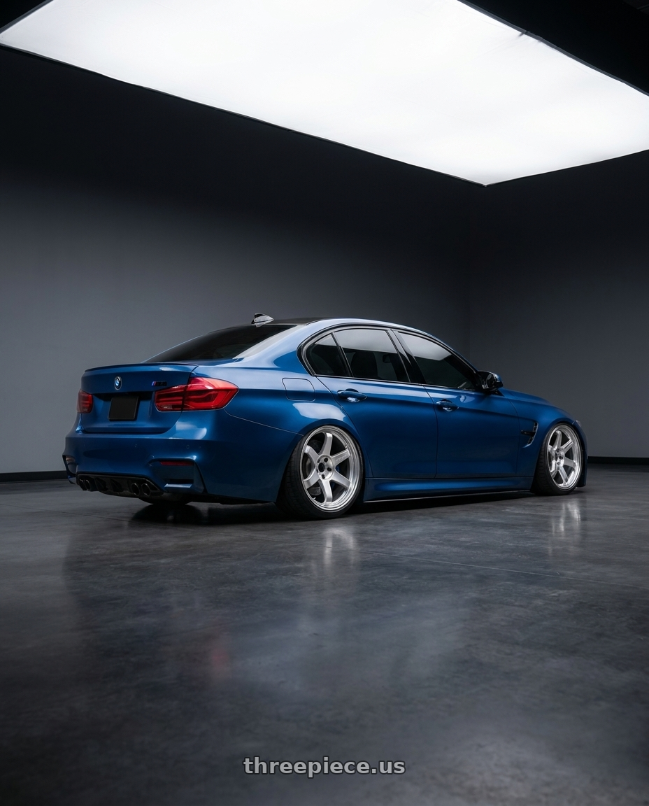 2018 BMW M3 Comp Avus with Volk Racing TE37 ULTRA M-SPEC 5x120 19x9.5+23 Diamond Silver wheels rear three quarter view square tires