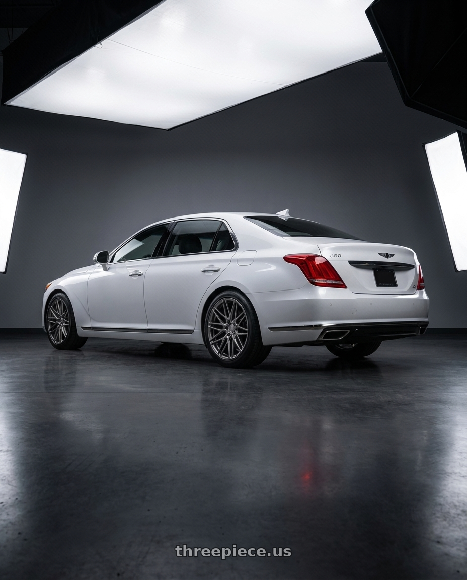 2018 genesis g90 ultimate with Axe CF1 5x114 20X10+40 CARBON wheels rear three quarter view square tires