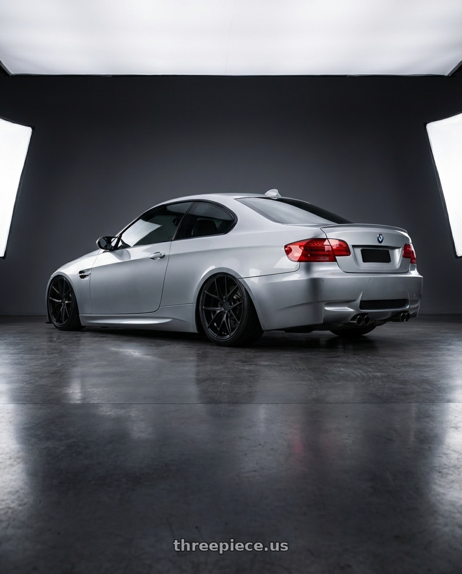 2012 BMW 3 Series E92 with Niche 1PC M117 MISANO 5X120 19X8.5 +45 MATTE BLACK wheels rear three quarter view slight stretch tires