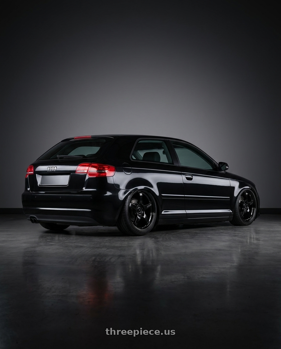 2012 Audi A3 8P with Gram Lights 57CR 5x112 19x8.5+45 Glossy Black wheels rear three quarter view slight stretch tires