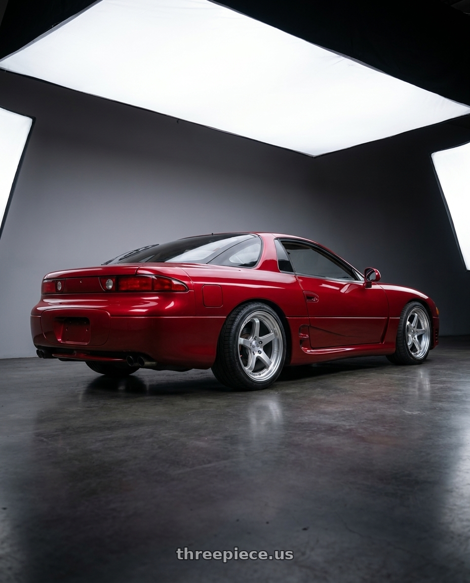 1992 Mitsubishi 3000GT with KATANA RACING HR05 5x114.3 18x8.5 +35 Hyper Silver wheels rear three quarter view square tires
