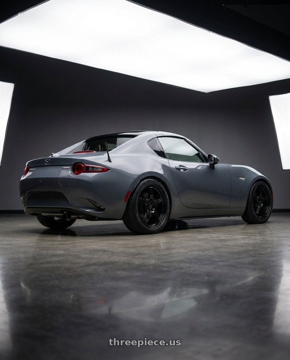 2026 mazda mx5 rf with Gram Lights 57CR 4x100 15x8+28 Glossy Black wheels rear three quarter view square tires