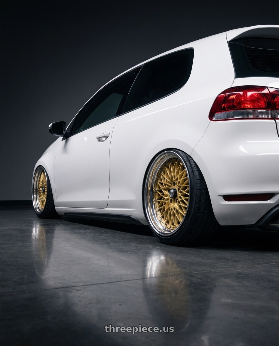 2012 VW GTI with SSR Formula MESH 5X100 18X9.5+25 HP Disk Fm Gold wheels rear three quarter view extreme stretch tires