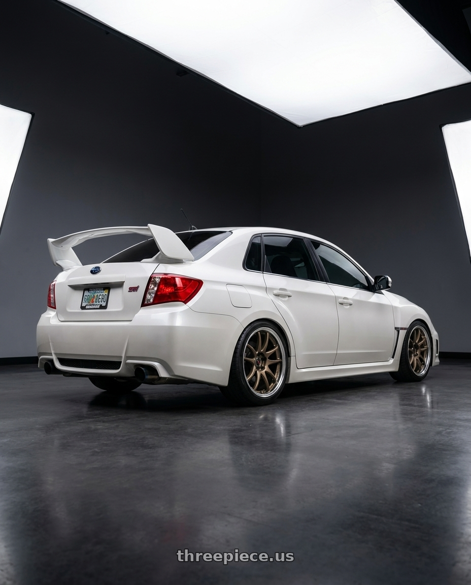 2011 sti sedan  with Work Cr 2P 5x114.3 19x9.0 +38 Matte Bronze wheels rear three quarter view square tires