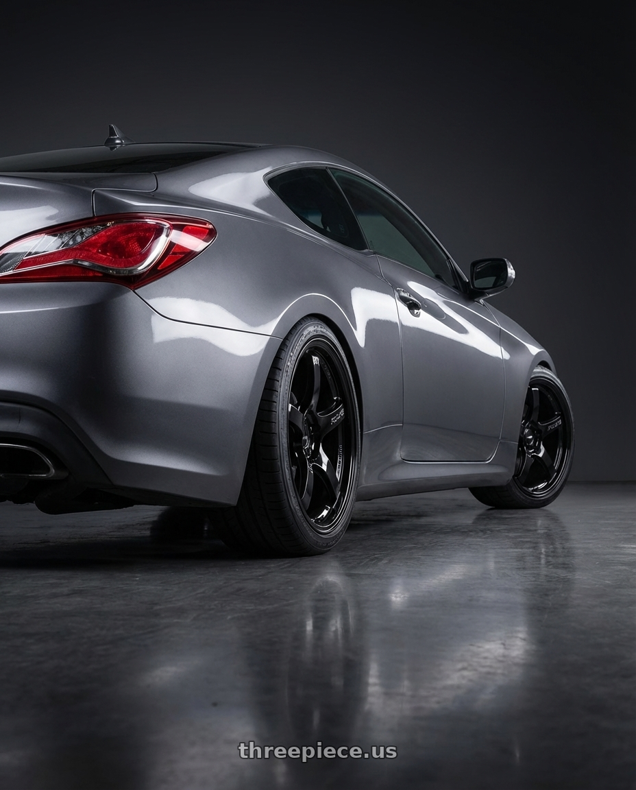 2014 Hyundai Genesis Coupe with Gram Lights 57CR 5x114.3 19x10.5+12 Glossy Black wheels rear three quarter view square tires