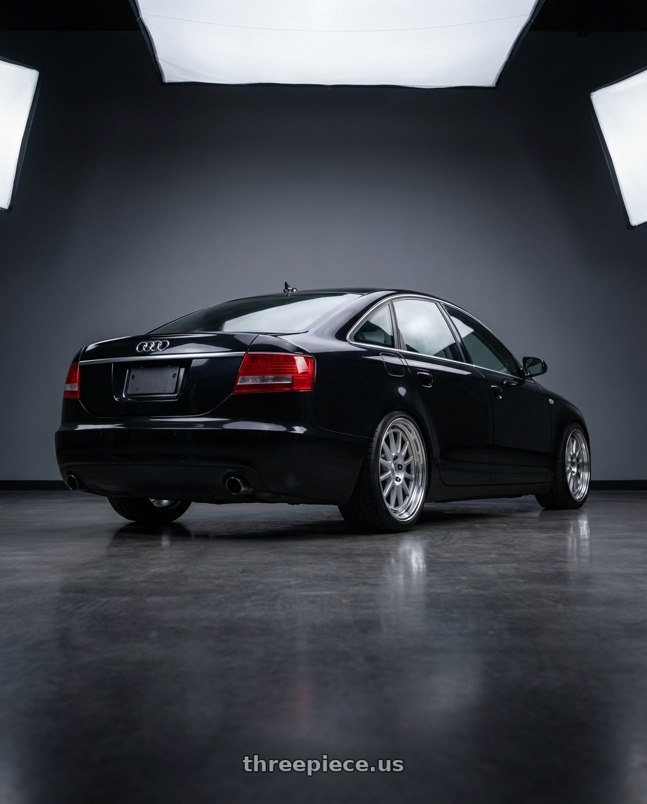 2010 audi a6 c6.5 with Work Seeker Fx 4x100 16x6.5+30 A Disk Matte Silver Polish wheels rear three quarter view square tires