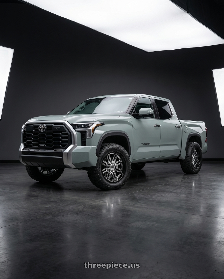 2024 Toyota Tundra with Moto Metal MO202 6X139.7 20X10 -18 CHROME CENTER GLOSS BLACK MILLED LIP wheels