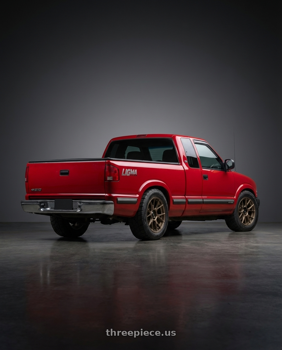 1998 Chevy S10 with Konig Ampliform 5x120 18x8.5+32 Gloss Bronze wheels rear three quarter view meaty tires