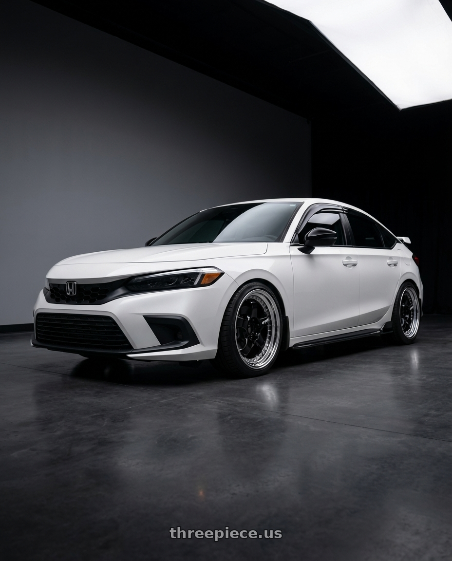 2024 Honda Civic Hatchback Sports Touring with Work Meister S1 3P 5x114.3 18x12+35 A Disk Black wheels front three quarter view lowered stance