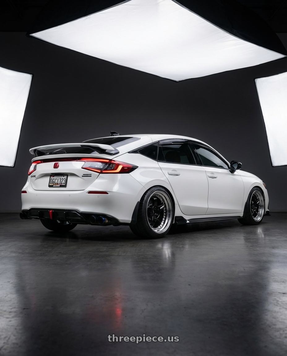 2024 Honda Civic Hatchback Sports Touring with Work Meister S1 3P 5x114.3 18x12+35 A Disk Black wheels rear three quarter view square tires