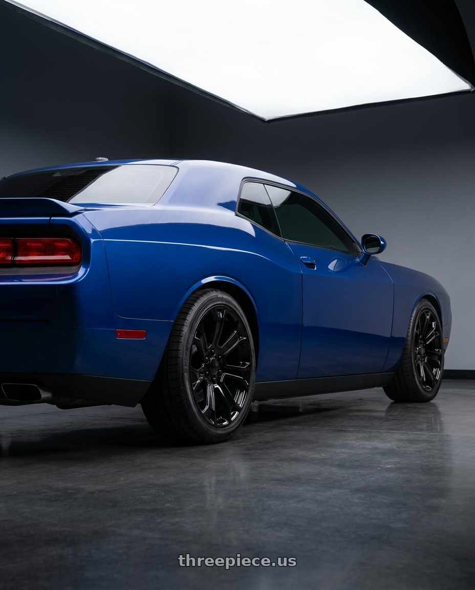 2010 dodge challenger with OEP 166B 6x139.7 22x9 +24 Gloss Black wheels rear three quarter view square tires