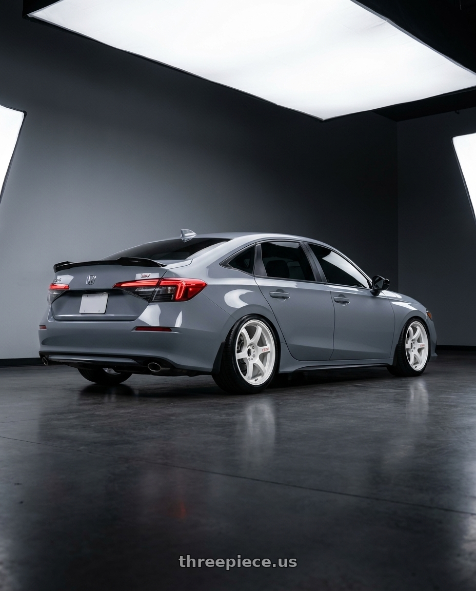 2026 Honda civic si with Gram Lights 57DR 5x100 18x9.5 +38 CERAMIC PEARL wheels rear three quarter view slight stretch tires
