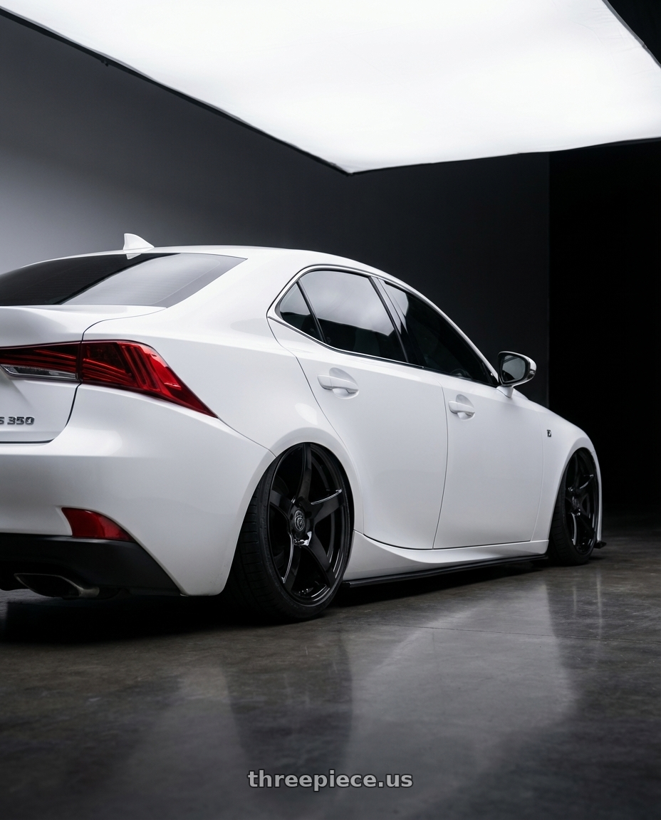 2018 Lexus IS 350 F Sport with Forgestar CF5 5x114.3 19x9 +35 Gloss Black wheels rear three quarter view slight stretch tires