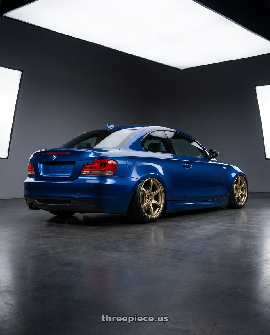 2011 E82 135I with Advan RGIII 5x114.3 19x9.5+45 Gold wheels rear three quarter view slight stretch tires