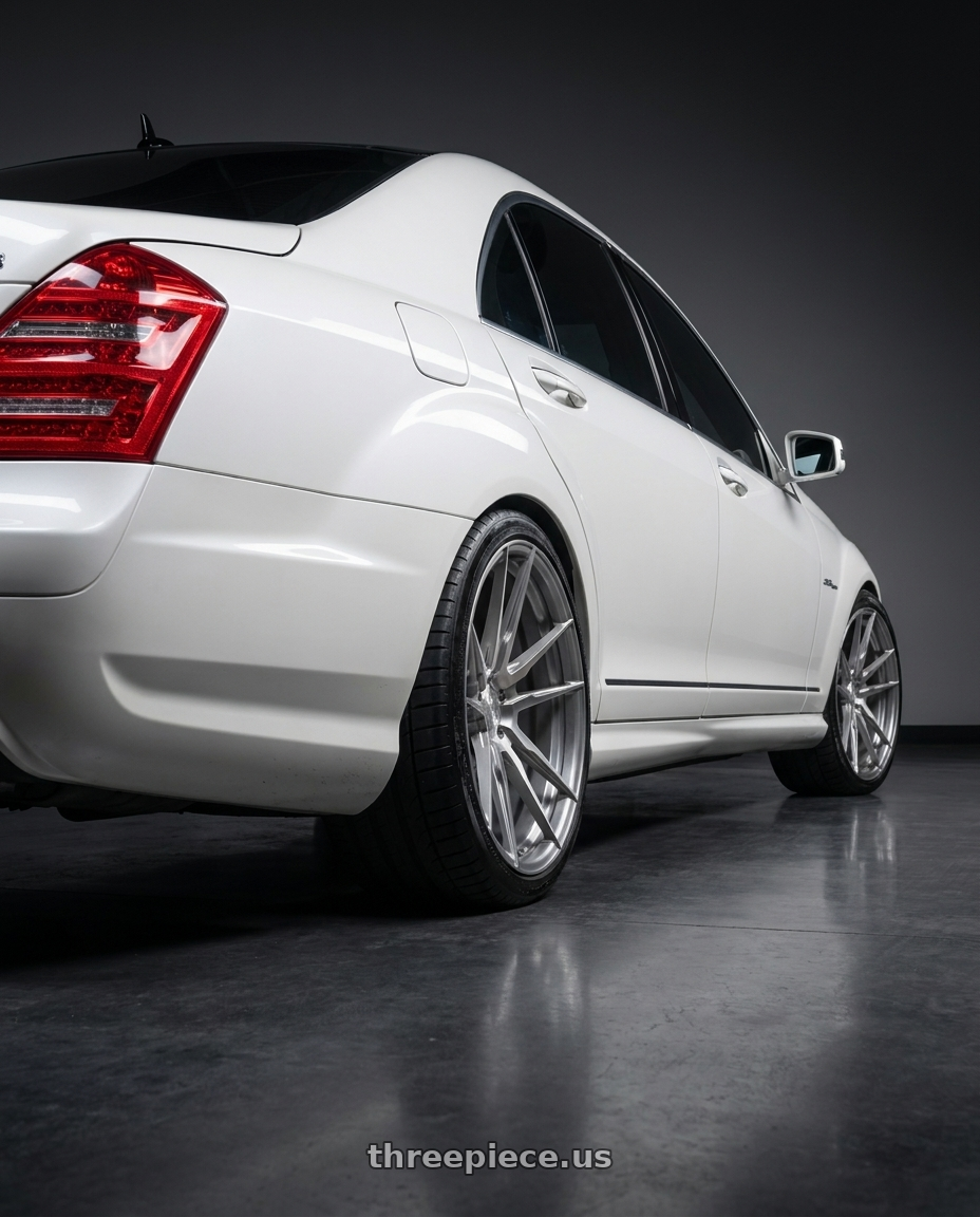2009 Mercedes s63 with Rohana RFX2 5x112 20x10+42 Brushed Titanium wheels rear three quarter view square tires