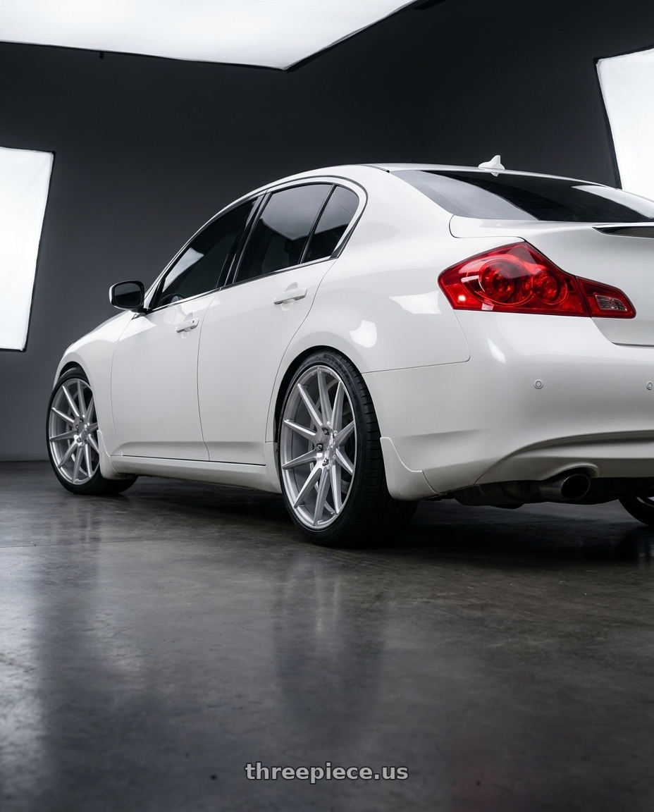 2012 Infiniti G37 with Niche 1PC M112 SURGE 5X114.3 19X8.5 +35 GLOSS SILVER MACHINED wheels rear three quarter view square tires