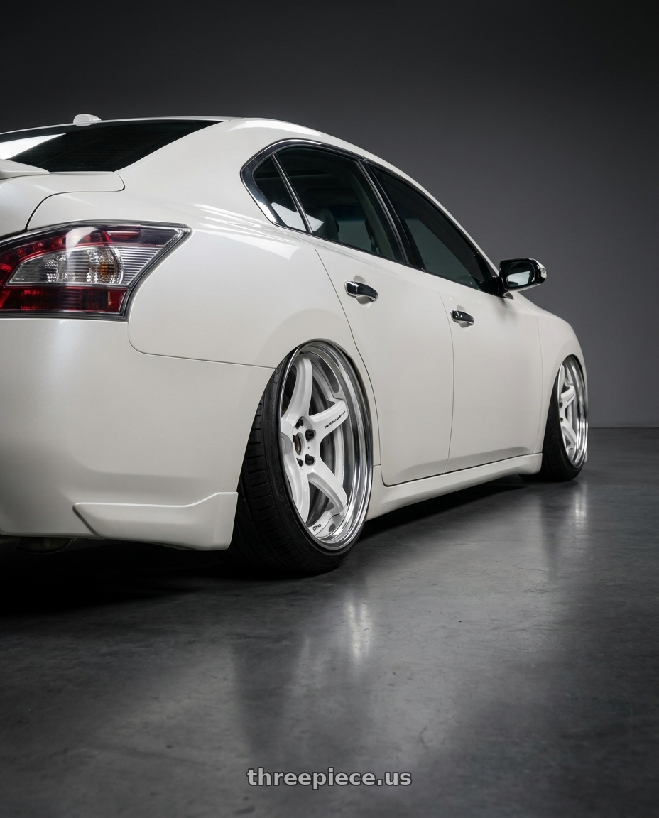 2009 Nissan maxima pearl white with Work T5R 2P 5x120 18x10.0 +0 WHITE wheels rear three quarter view extreme stretch tires