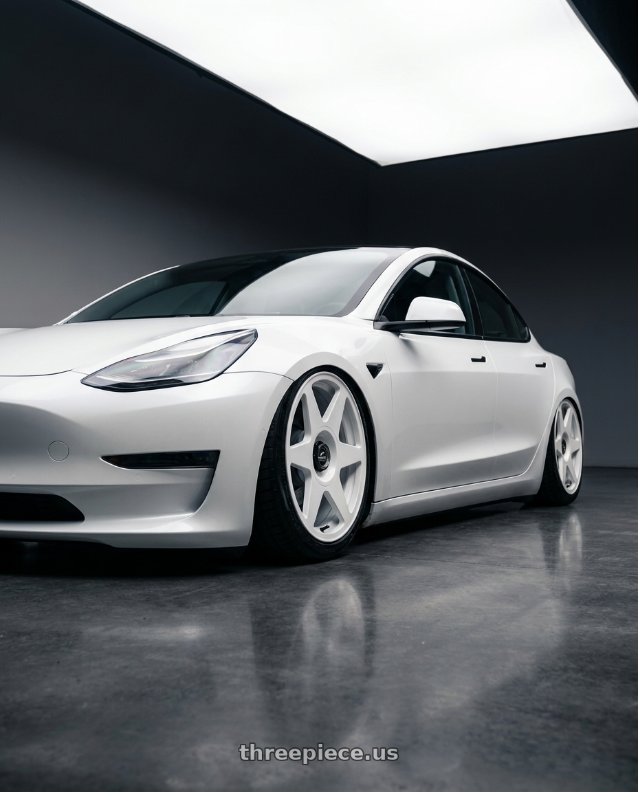 2023 Tesla Model 3 with fifteen52 TARMAC EVO 5x114.3 / 5x120 19x8.5 +35 RALLY WHITE (GLOSS WHITE) wheels
