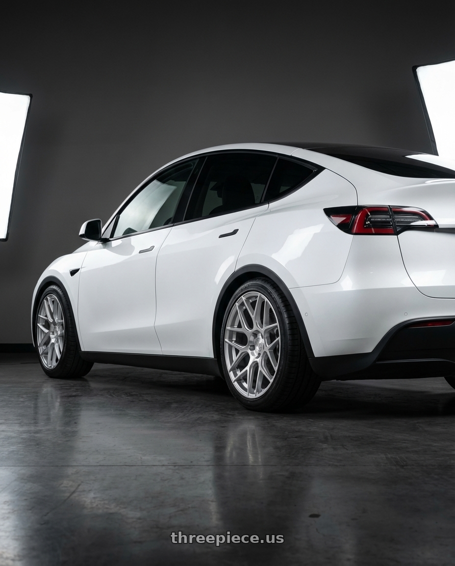 2024 Tesla Model Y with Aodhan AFF2 5x114.3 20x9+32 Gloss Silver Machined Face wheels rear three quarter view square tires