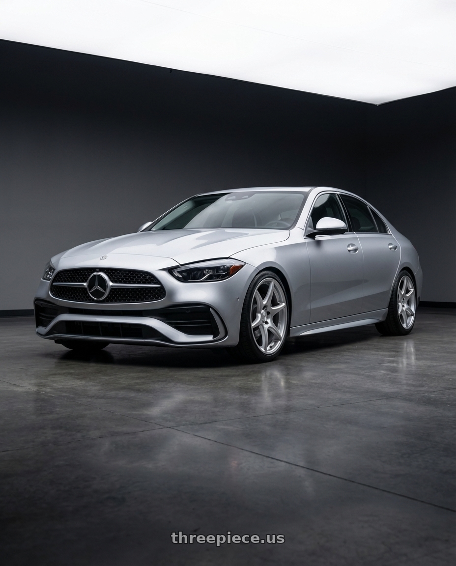 2022 Mercedes-Benz C-Class W206 with Kansei K11S Tandem 5X112 19x9.5 22 Hyper Silver wheels front three quarter view lowered stance