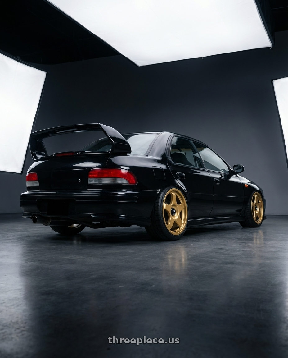 1998 Subaru Impreza GC8 with fifteen52 CHICANE 5x114.3 / 5x120 19x8.5 +35 GOLD (GLOSS GOLD) wheels rear three quarter view slight stretch tires