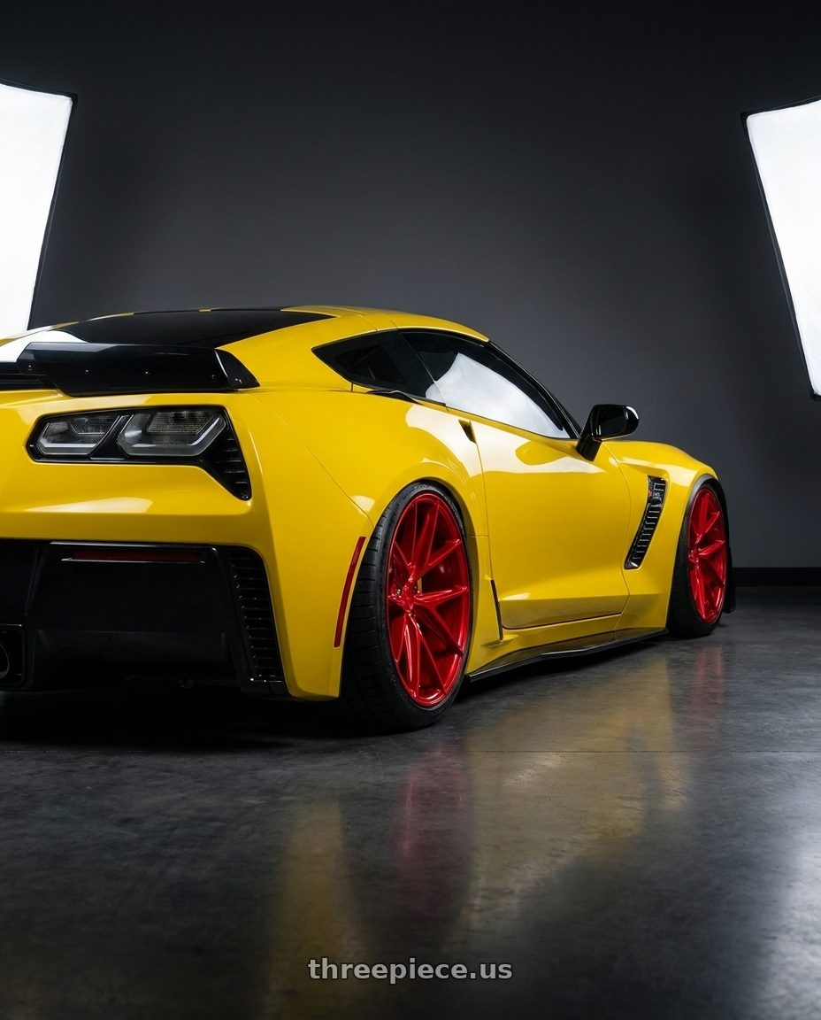 2018 Chevrolet Corvette with Niche 1PC M186 MISANO 5X120 20X10 +40 CANDY RED wheels rear three quarter view slight stretch tires