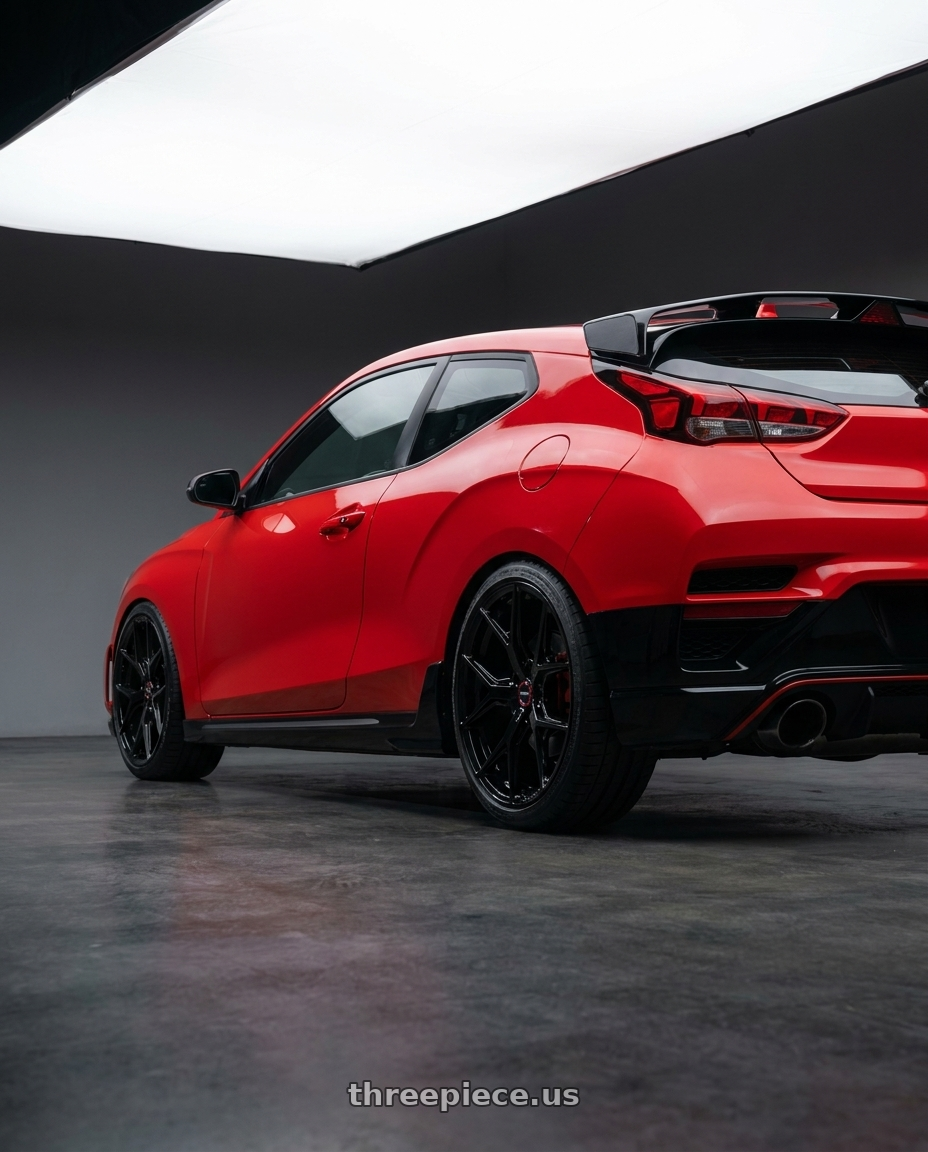 2022 Hyundai Veloster N with VOSSEN HF-5 5X114.3 19x9.5 +40 GLOSS BLACK wheels rear three quarter view square tires