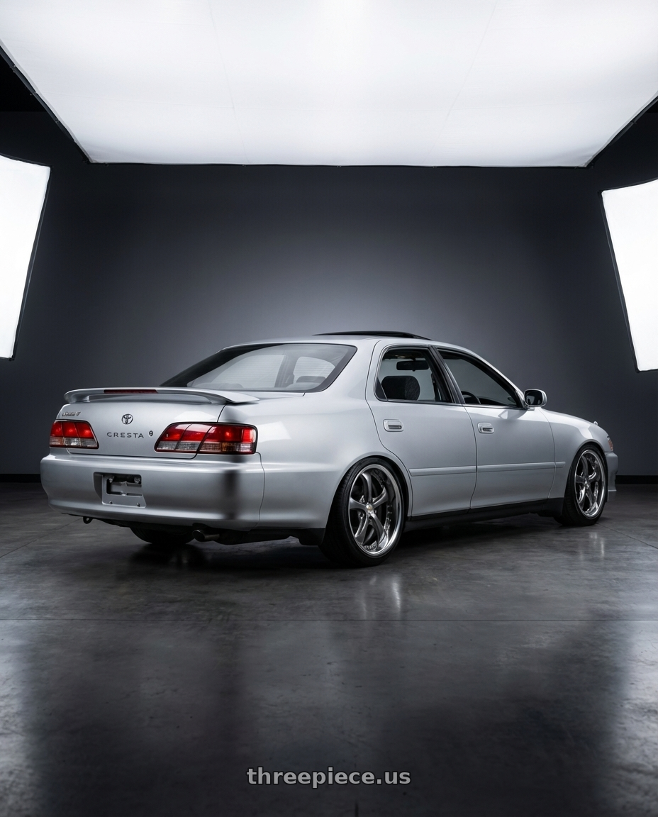 1994 Toyota Cresta tourer V with Work Wheels VS-KF 5X114.3 19x7.5+34 Brilliant Silver Black A Disk FULL REVERSE wheels rear three quarter view slight stretch tires