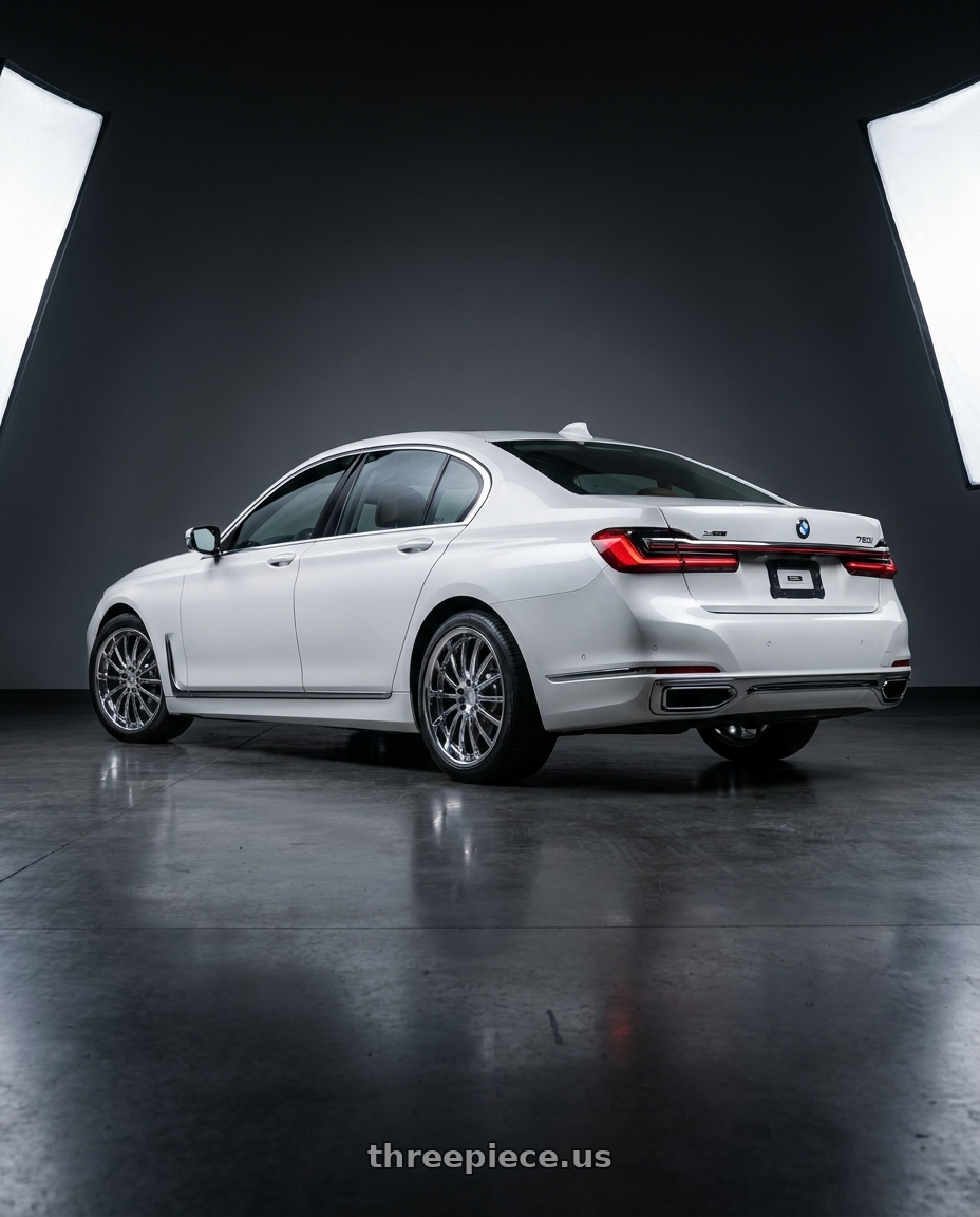 2022 BMW 750I XDrive with Mandrus MILLENIUM 5X112 19X8.5 +25 CHROME wheels rear three quarter view square tires