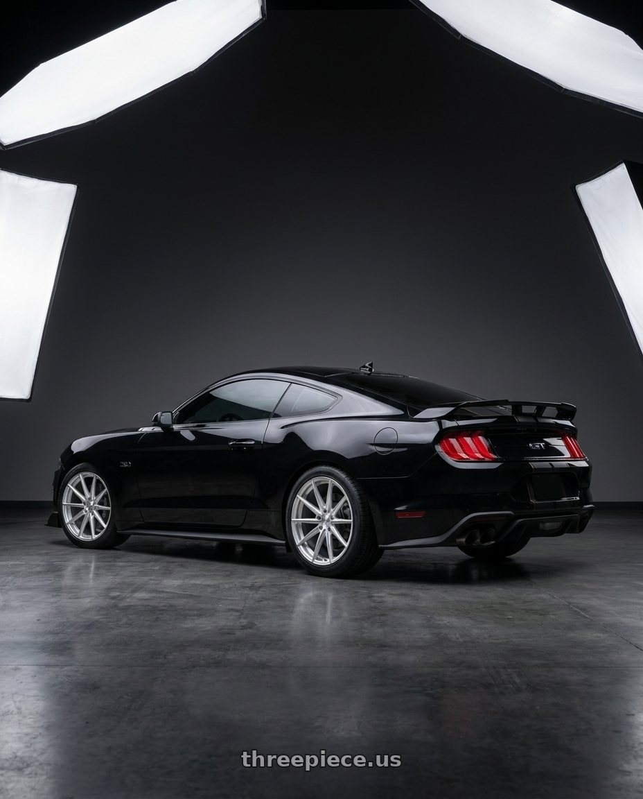 2022 ford mustang gt with DOLCE PERFORMANCE VELOCE 5x112 18x8.5 +35 Gloss Silver Machined Face wheels rear three quarter view square tires