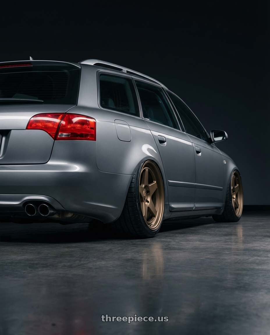 2005 Audi a4 Ultrasport Grey with Kansei K12B KNP 5X112 18x8.5 35 Bronze wheels rear three quarter view meaty tires