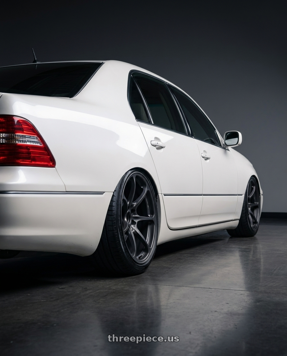 2001 Lexus LS 430 with Volk Racing NE24 5x114.3 19x9.5 +35 MATTE GUNBLACK wheels rear three quarter view slight stretch tires
