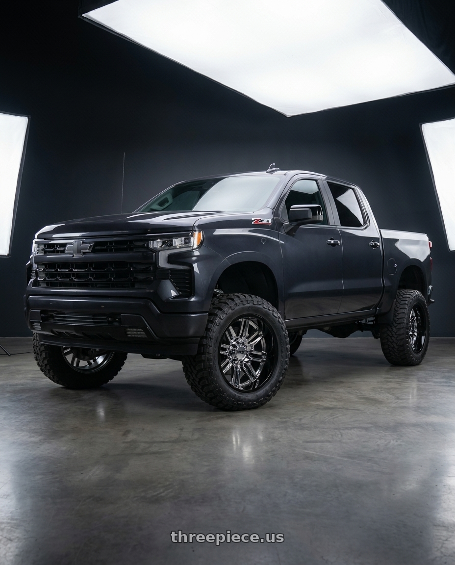 2023 Chevrolet Silverado 1500 with Moto Metal MO202 6X139.7 22X10 -18 CHROME CENTER GLOSS BLACK MILLED LIP wheels