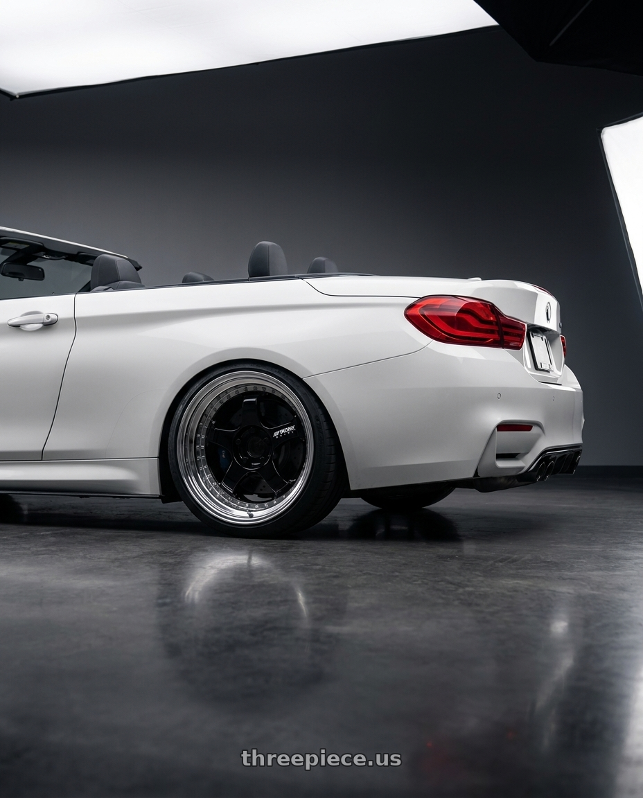 2020 BMW M4 with Work Meister S1 3P 5x100 18x9.5-9 A Disk Black wheels rear three quarter view square tires