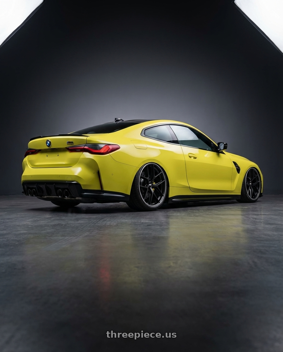 2024 BMW M4 G82 with BBS CC-R 5x112 19x8.5+30 Satin Black wheels rear three quarter view slight stretch tires