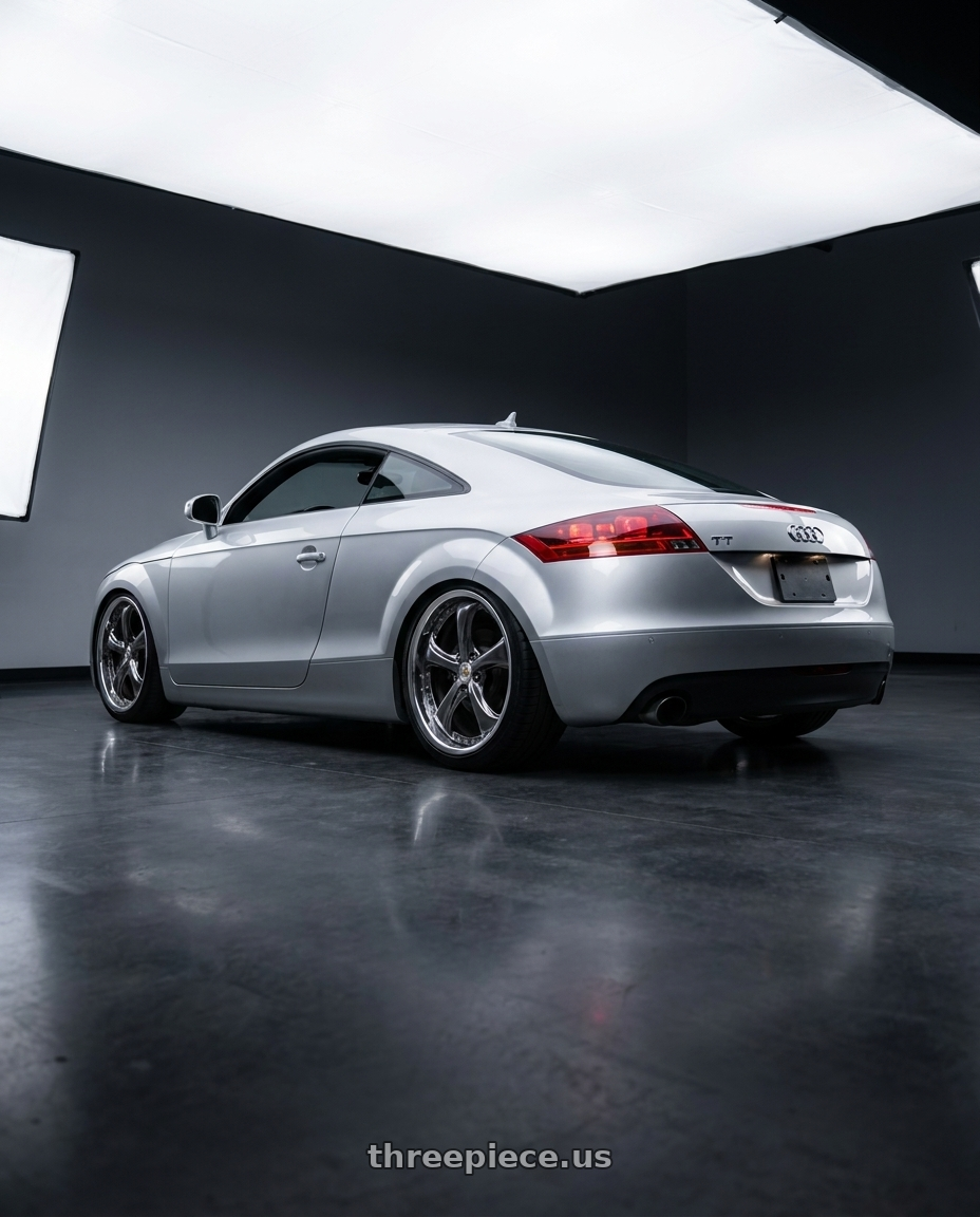 2008 Audi tt with Work Wheels VS-KF 5X114.3 19x7.5+27 Brilliant Silver Black O Disk FULL REVERSE wheels rear three quarter view slight stretch tires
