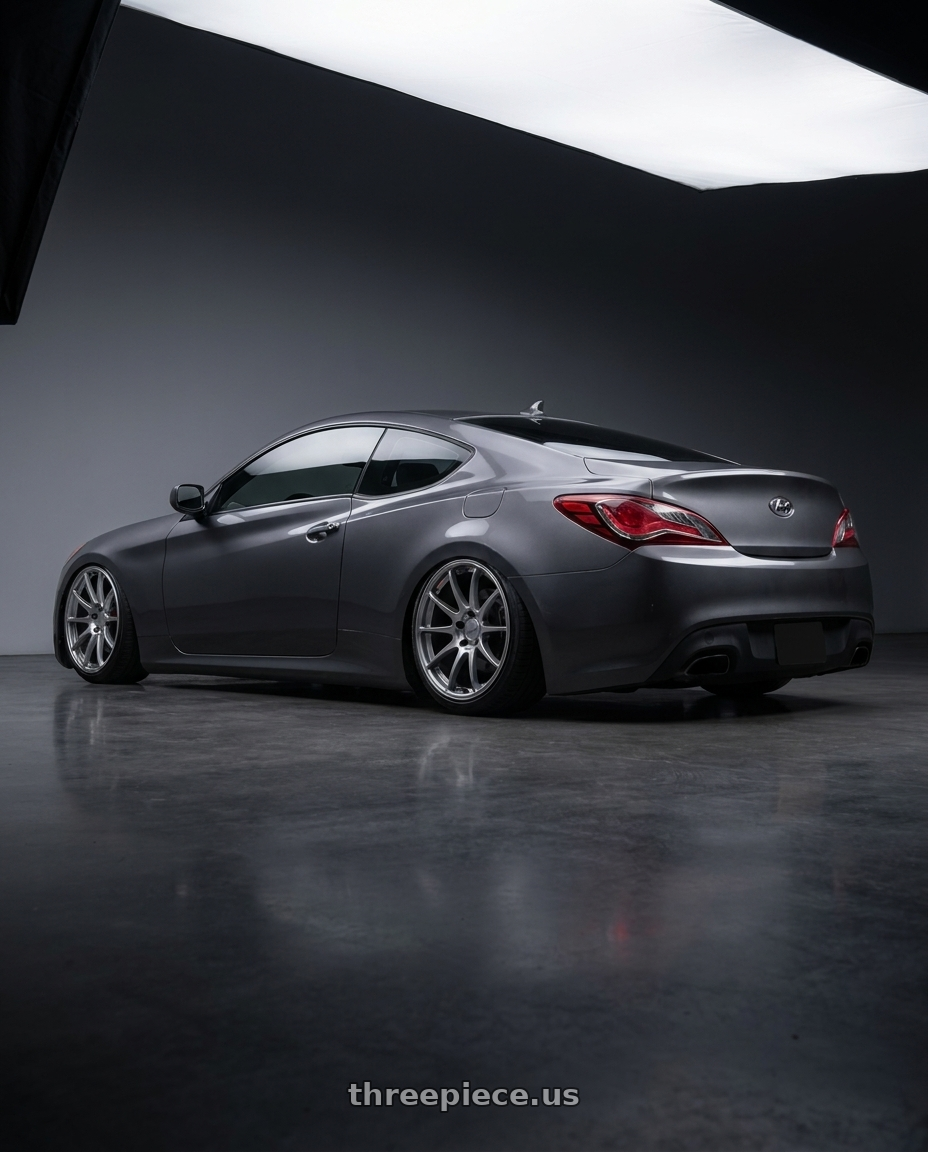 2014 Hyundai Genesis Coupe with Ssr Gtv02 5x114.3 19x8.5+38  GLARE SILVER wheels rear three quarter view slight stretch tires