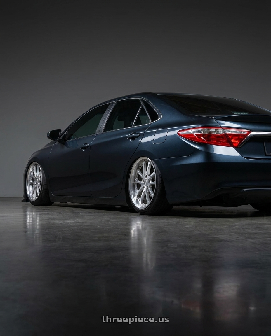 2015 Toyota Camry se with Vors AR5 5x114.3 17x9 +30 Silver Machine Face Lip Chrome Rivet wheels rear three quarter view square tires