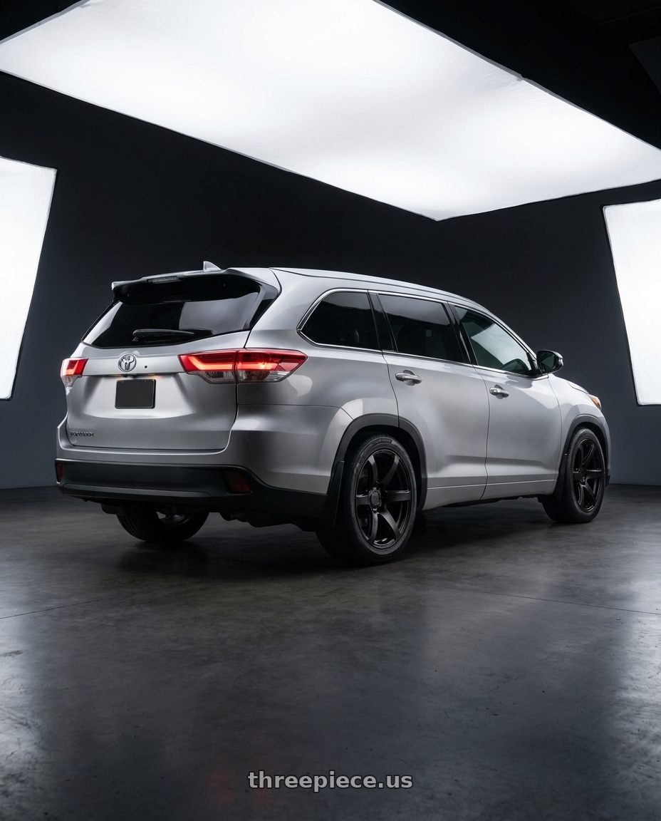 2018 Toyota Highlander with Enkei Cyclone 6x135 18x9+12 Matte Black wheels rear three quarter view square tires