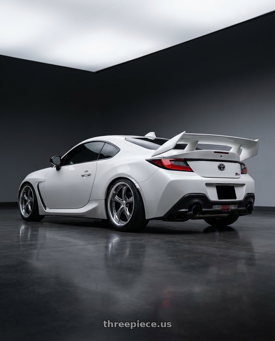 2025 Toyota gr86 base white with Work Wheels VS-KF 5x100 18x9.5+27 Brilliant Silver Black O Disk FULL REVERSE wheels rear three quarter view slight stretch tires