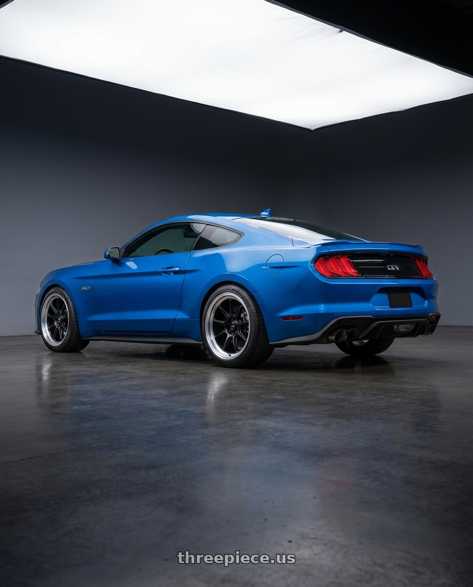 2022 Ford Mustang GT with Konig Countergram 5x114.3 19x9.5+25 Matte Black / Matte Machined Lip wheels rear three quarter view square tires