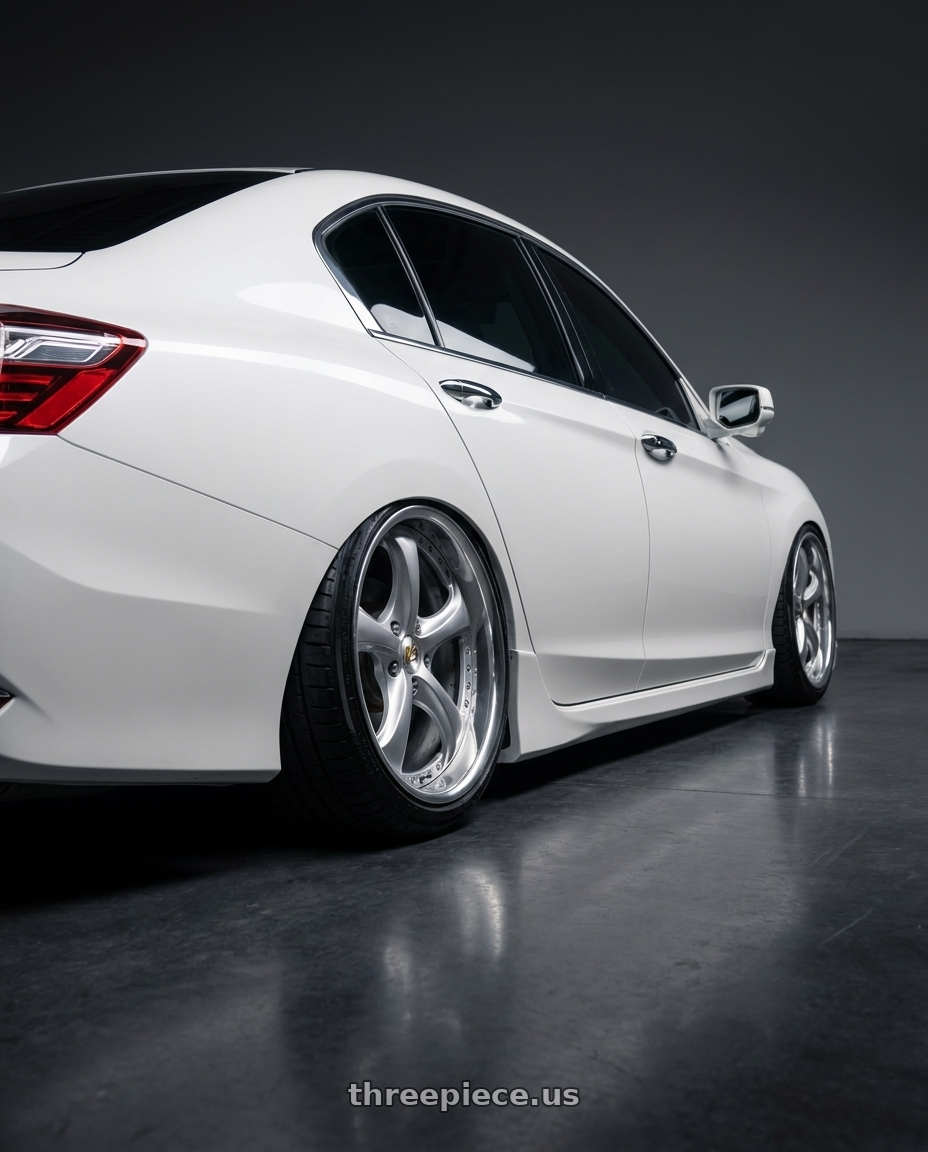 2016 Honda accord with Work Wheels VS-KF 5x114.3 18x7.5+40 Light Grey Silver O Disk FULL REVERSE wheels rear three quarter view slight stretch tires