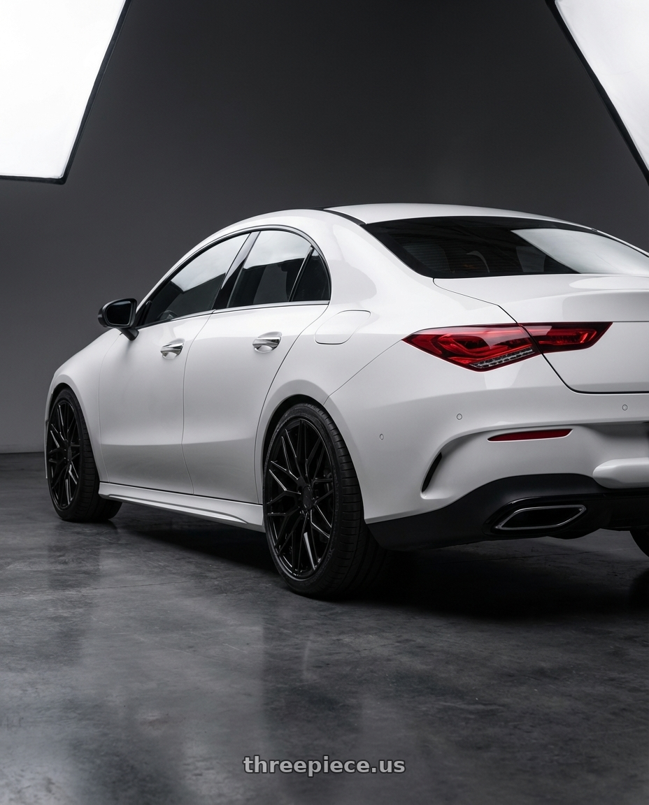 2023 Mercedes-Benz CLA C118 with Avant Garde Wheels M520R 5X112 19x9.5 +40 Gloss Black wheels rear three quarter view square tires