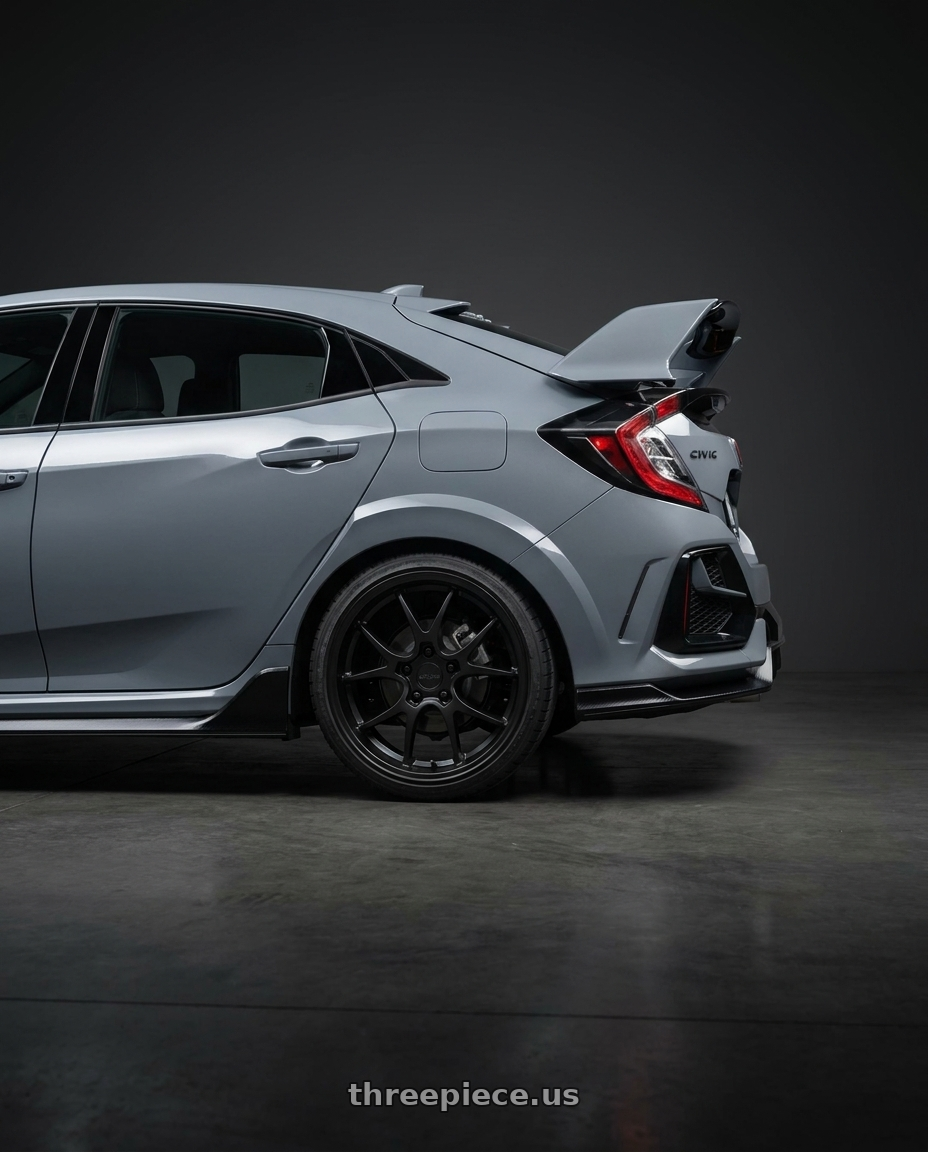 2021 Honda Civic Type R with Rotiform 207 5x120 18x8.5 +35 MATTE BLACK wheels rear three quarter view square tires